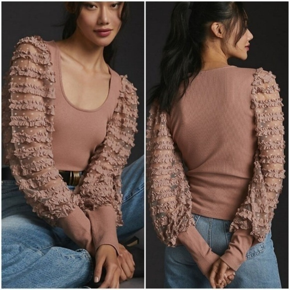 Anthropologie NEW Dolan Dusty Rose Ruffle Puff Sleeve Top SZ Large Coquette Boho - Picture 5 of 11